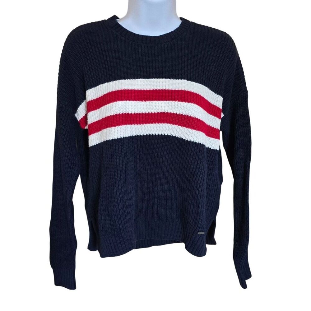 Navy Red & White Striped Knit Sweater Relaxed Fit soft warm outdoor cottagecore